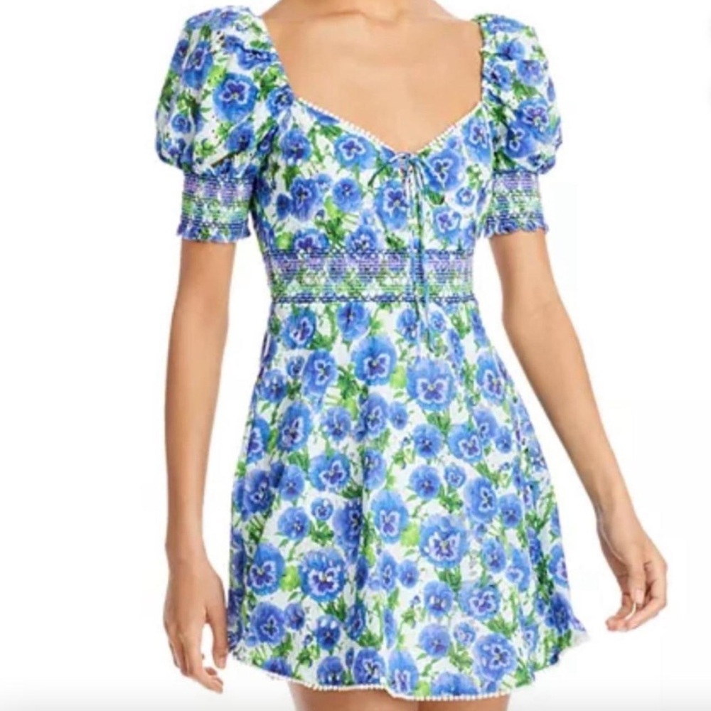 Alice + Olivia Blue Green Puff Sleeve Mini Sundress
